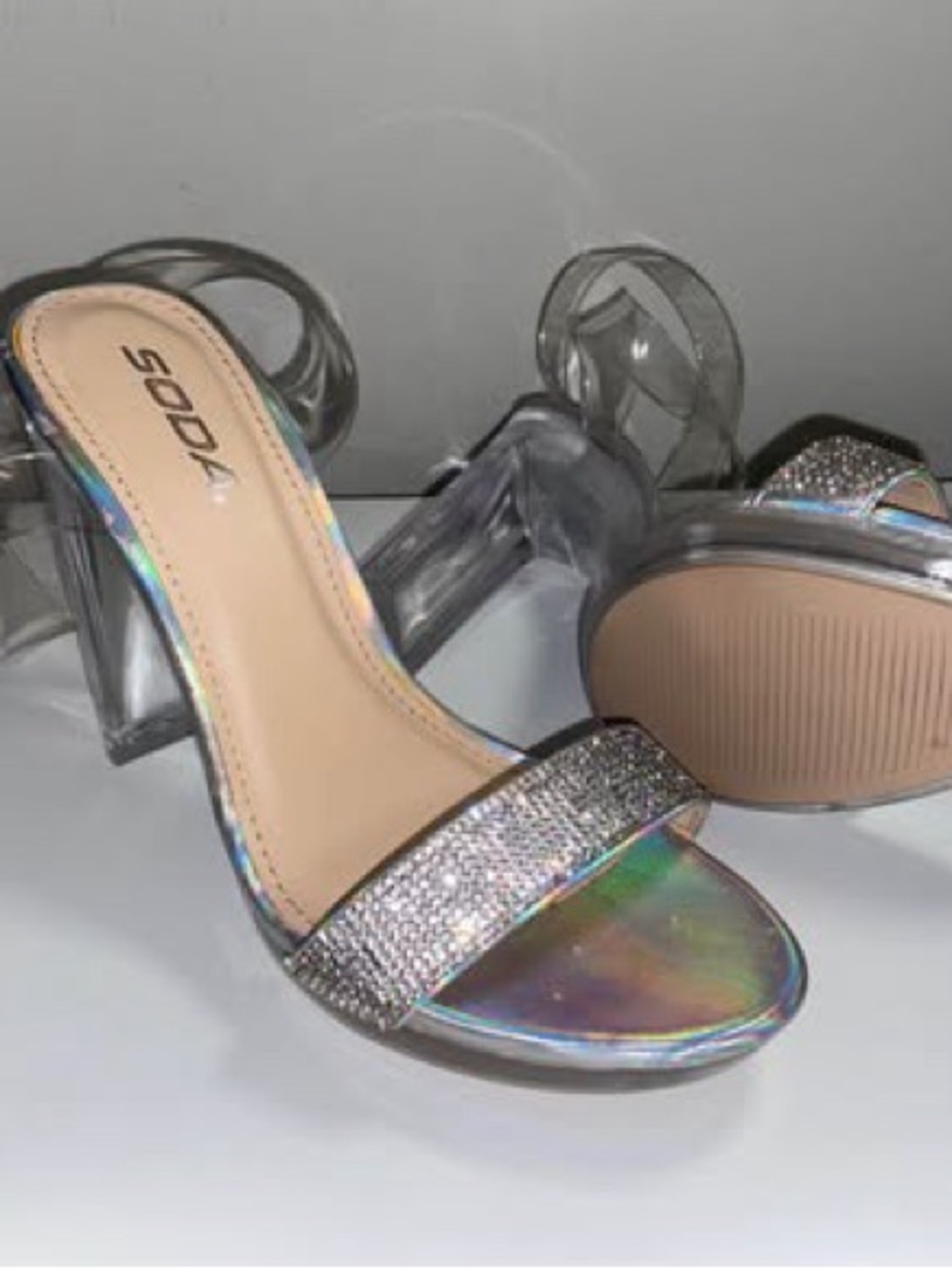 Soda Iridescent Silver Holographic Block Heel Sandals with Rhinestone Strap